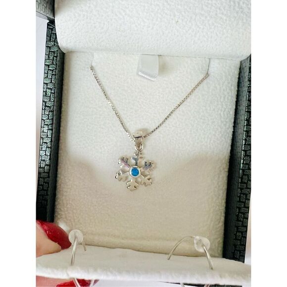 Silver 925 Simulated Fire Opal Snowflake 18" Necklace + Drop Earring Set Jewelry - Picture 15 of 16